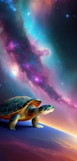 A cosmic turtle gazes under a vivid, colorful galaxy night sky.