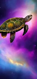 Turtle swimming in a colorful galaxy space wallpaper.