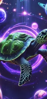 Cosmic turtle in colorful space with planets and galaxies.