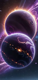 Two vibrant planets against a galaxy backdrop.