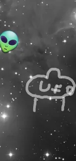 Mobile wallpaper with UFO doodle in cosmic galaxy.