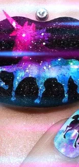 Close-up of cosmic unicorn lip art with galaxy-themed nails.