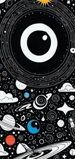 Abstract cosmic wallpaper with planets and stars in black background.