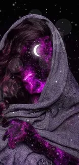 Mystical figure in purple galaxy cloak against a starry sky.