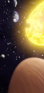 Mobile wallpaper with planets, asteroids, and a bright sun in space.