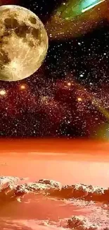 Cosmic wallpaper with moon and stars over an orange-hued alien landscape.