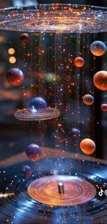 Cosmic art of planets over vinyl record.