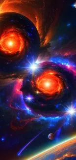 Vibrant cosmic vortex mobile wallpaper with galaxies and swirling colors.