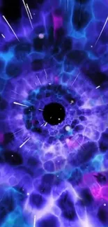 Abstract purple and blue cosmic vortex wallpaper with a central black hole.