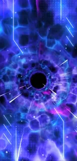 Futuristic cosmic vortex with vibrant blue and purple hues, featuring a central void.