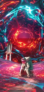 Astronaut in vibrant cosmic tunnel with space shuttle.
