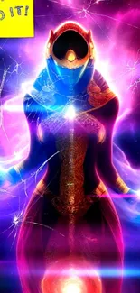 Mystical cosmic warrior in a vibrant nebula setting with inspirational text.