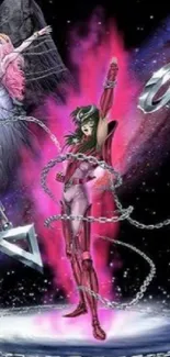 Fantasy warrior with chains in cosmic magenta glow.