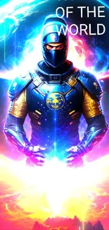 Futuristic warrior with cosmic spheres background.