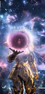 Cosmic warrior in space with vibrant colors and galaxy backdrop.