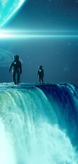 Surreal cosmic scene with astronauts, waterfall, and glowing planets.