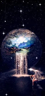 Fantasy scene with a cosmic waterfall from a mystical globe and starry sky.