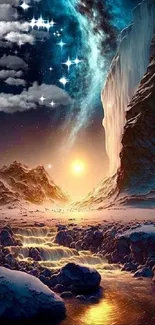 Surreal cosmic landscape wallpaper with waterfall under a starry sky.