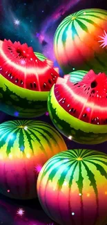 Colorful psychedelic watermelons in space galaxy backdrop.