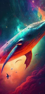 Whale swimming through cosmic colors in a galaxy-themed wallpaper.