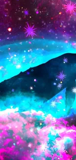 Colorful cosmic whale in vibrant fantasy art with pink and blue hues.