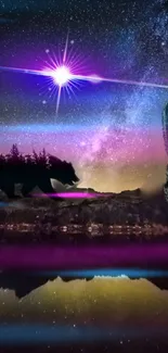 A cosmic night scene with a bear silhouette and vibrant galaxy.