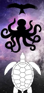 Cosmic themed wallpaper with bird, octopus, and turtle silhouettes.