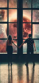 Couple silhouetted against a cosmic window view.