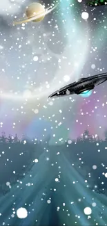 Cosmic winter scene with UFOs and planets in snowfall.