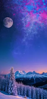 Moonlit snowy landscape with galaxy sky.