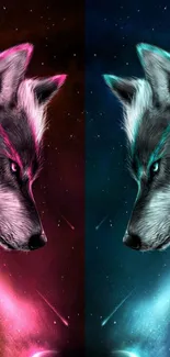 Cosmic dual wolf illustration with pink and blue accents.