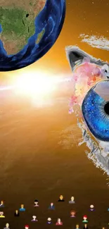 Vivid cosmic wolf eye with Earth on orange background.