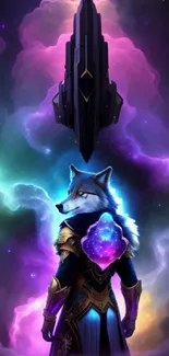 Wolf in space with cosmic neon colors and celestial elements.