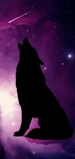 Wolf silhouette against a vibrant purple cosmic nebula with starry background.