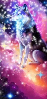 A mystical cosmic wolf set against a vibrant galaxy backdrop.