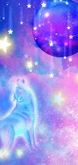 Cosmic wolf howling at stars in a galaxy-themed wallpaper.