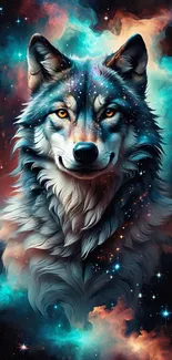 Cosmic wolf with nebula background, dark blue theme.