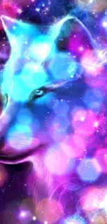 Cosmic wolf in vibrant galaxy wallpaper with purple hues.