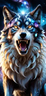 Mystical cosmic wolf with galaxy background and glowing eyes.