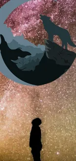 Silhouette of person under cosmic wolf design with starry sky.