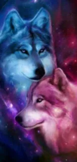 Cosmic wolves art wallpaper with vibrant galaxy colors.