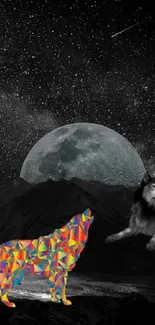 Colorful wolves under a starry galaxy with a full moon in a mystical digital artwork.