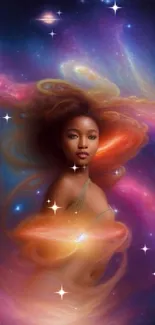 Woman surrounded by cosmic nebula art, vibrant colors.