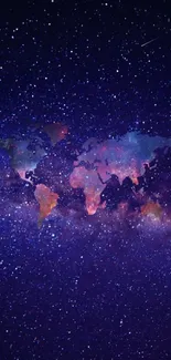 Galaxy themed wallpaper with a world map silhouette against starry space.