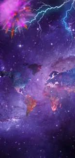 Cosmic wallpaper with world map and lightning in a purple galaxy.