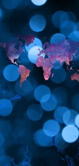 Cosmic world map with blue bokeh background.