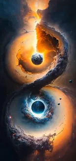 Yin yang galaxy with cosmic art and planets in vibrant colors.