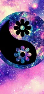 Vibrant cosmic yin yang wallpaper with galaxy and floral elements.