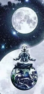 Astronaut meditating on Earth in cosmic yin yang design.