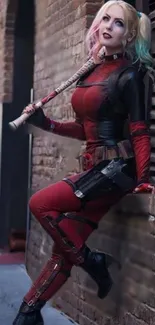 Cosplay character in red and black attire against a brick wall background.